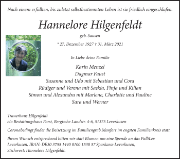 Anzeige von Hannelore Hilgenfeldt von Kölner Stadt-Anzeiger / Kölnische Rundschau / Express