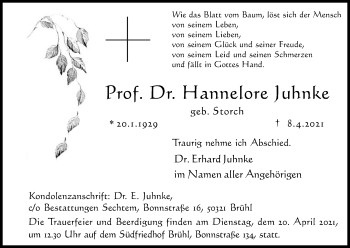 Anzeige von Hannelore Juhnke von Kölner Stadt-Anzeiger / Kölnische Rundschau / Express