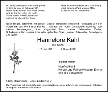 Anzeige von Hannelore Kahl von Kölner Stadt-Anzeiger / Kölnische Rundschau / Express