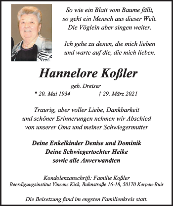 Anzeige von Hannelore Koßler von  Werbepost 