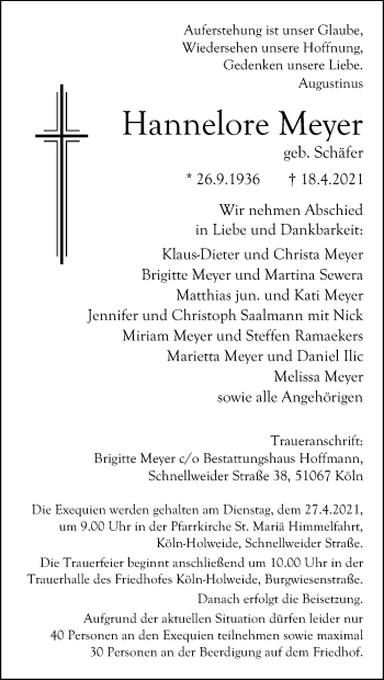 Anzeige von Hannelore Meyer von Kölner Stadt-Anzeiger / Kölnische Rundschau / Express