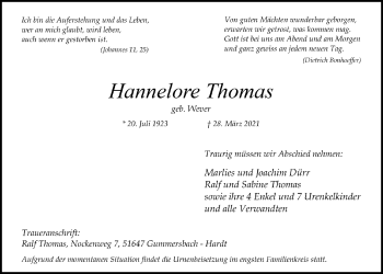 Anzeige von Hannelore Thomas von  Anzeigen Echo 
