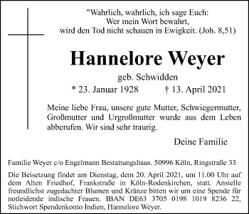 Anzeige von Hannelore Weyer von Kölner Stadt-Anzeiger / Kölnische Rundschau / Express