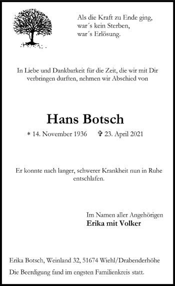 Anzeige von Hans Botsch von  Anzeigen Echo 