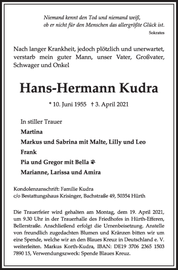 Anzeige von Hans-Hermann Kudra von  Wochenende 