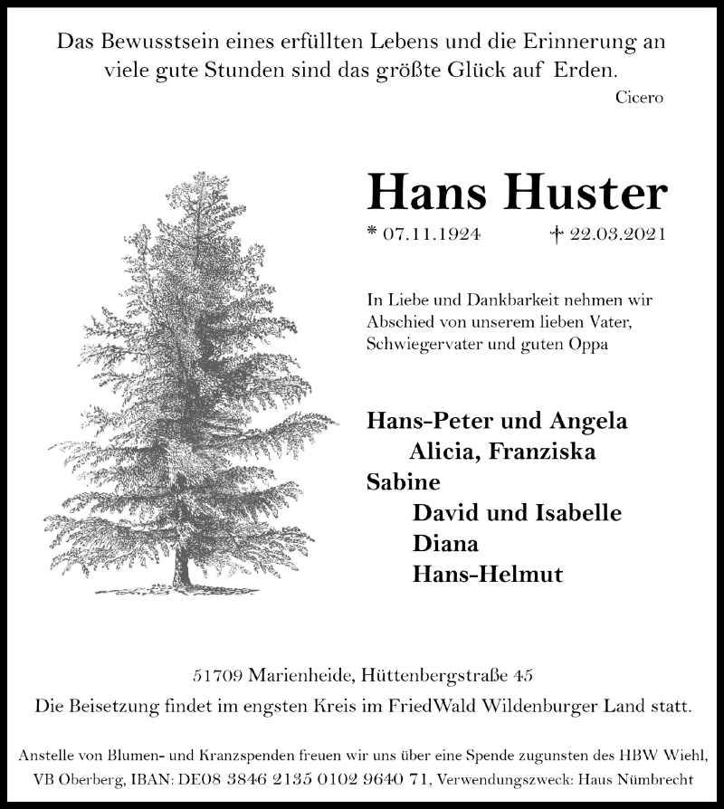  Traueranzeige für Hans Huster vom 01.04.2021 aus  Anzeigen Echo 