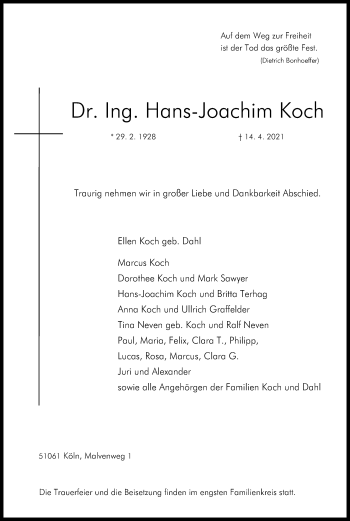 Anzeige von Hans-Joachim Koch von Kölner Stadt-Anzeiger / Kölnische Rundschau / Express