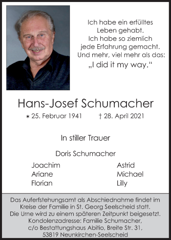 Anzeige von Hans-Josef Schumacher von Kölner Stadt-Anzeiger / Kölnische Rundschau / Express