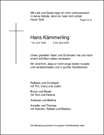 Anzeige von Hans Kämmerling von Kölner Stadt-Anzeiger / Kölnische Rundschau / Express