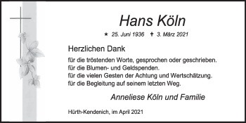 Anzeige von Hans Köln von  Wochenende 