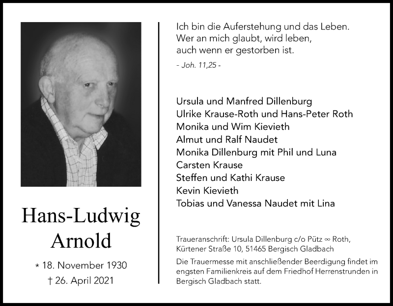  Traueranzeige für Hans-Ludwig Arnold vom 01.05.2021 aus Kölner Stadt-Anzeiger / Kölnische Rundschau / Express