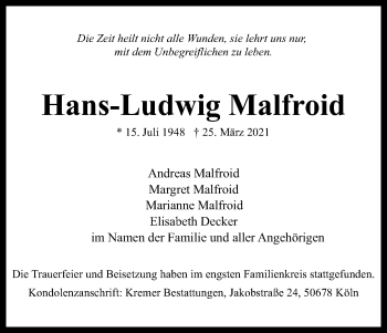 Anzeige von Hans-Ludwig Malfroid von Kölner Stadt-Anzeiger / Kölnische Rundschau / Express