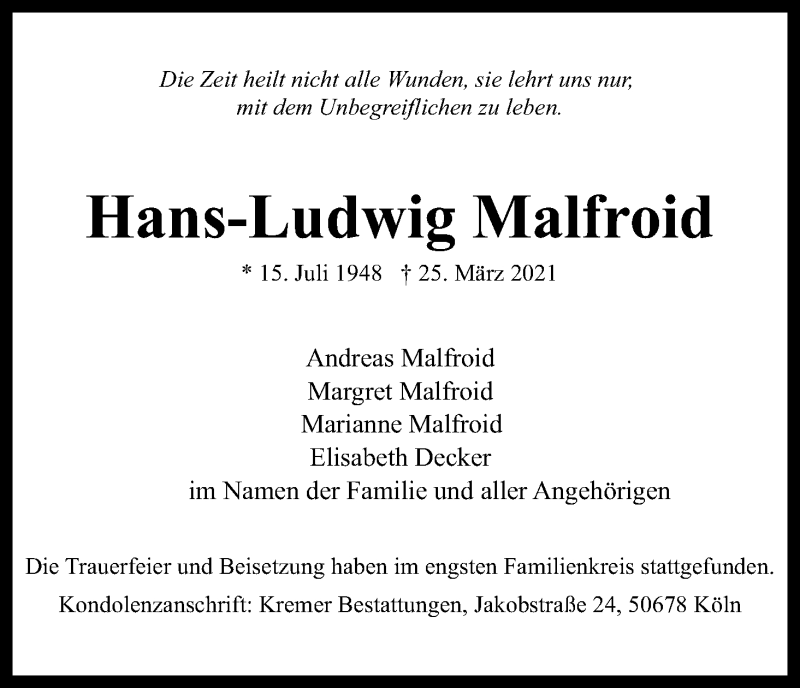  Traueranzeige für Hans-Ludwig Malfroid vom 17.04.2021 aus Kölner Stadt-Anzeiger / Kölnische Rundschau / Express