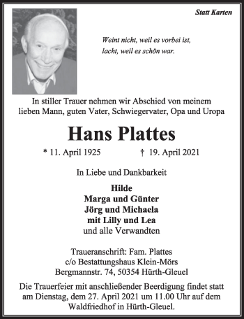 Anzeige von Hans Plattes von  Wochenende 