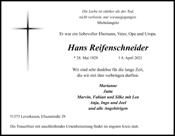 Anzeige von Hans Reifenschneider von Kölner Stadt-Anzeiger / Kölnische Rundschau / Express