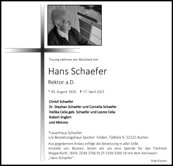 Anzeige von Hans Schaefer von Kölner Stadt-Anzeiger / Kölnische Rundschau / Express