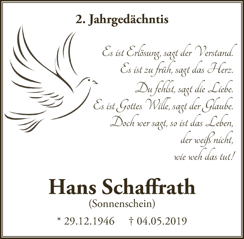  Traueranzeige für Hans Schaffrath vom 29.04.2021 aus  Schlossbote/Werbekurier 