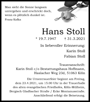 Anzeige von Hans Stoll von Kölner Stadt-Anzeiger / Kölnische Rundschau / Express
