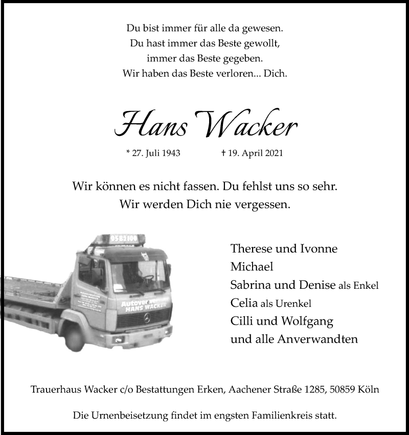  Traueranzeige für Hans Wacker vom 28.04.2021 aus Kölner Stadt-Anzeiger / Kölnische Rundschau / Express