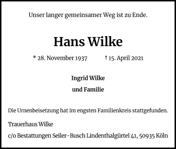 Anzeige von Hans Wilke von Kölner Stadt-Anzeiger / Kölnische Rundschau / Express