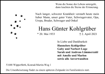 Anzeige von Hans Günter Kohlgrüber von Kölner Stadt-Anzeiger / Kölnische Rundschau / Express