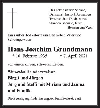 Anzeige von Hans Joachim Grundmann von  Wochenende 