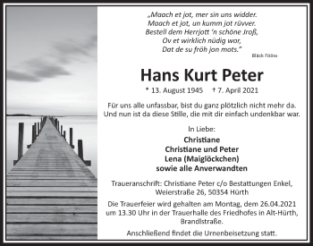 Anzeige von Hans Kurt Peter von  Wochenende 