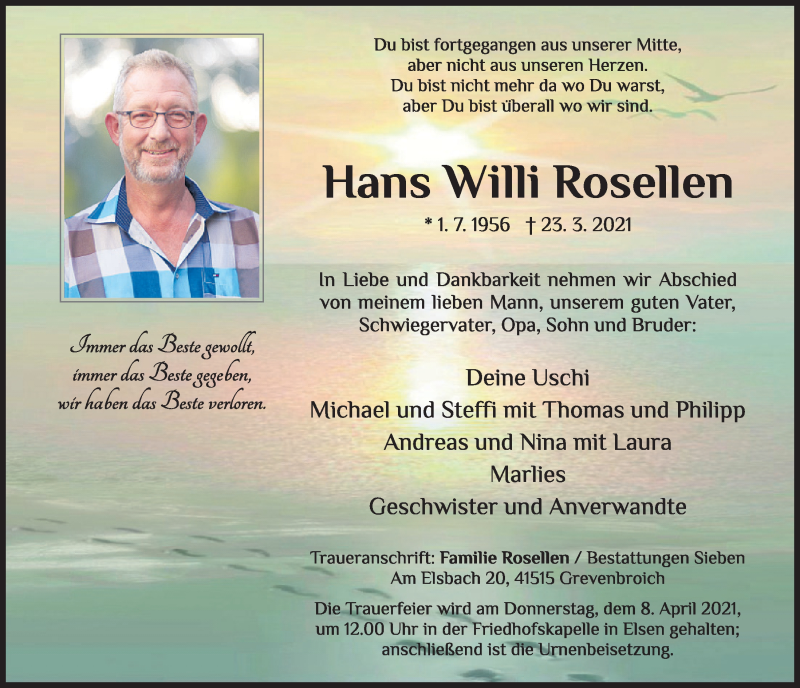  Traueranzeige für Hans Willi Rosellen vom 01.04.2021 aus  Werbepost 