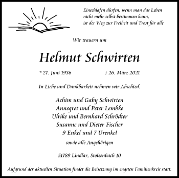 Anzeige von Harnut Schwirten von Kölner Stadt-Anzeiger / Kölnische Rundschau / Express