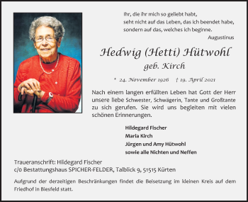 Anzeige von Hedwig Hütwohl von Kölner Stadt-Anzeiger / Kölnische Rundschau / Express
