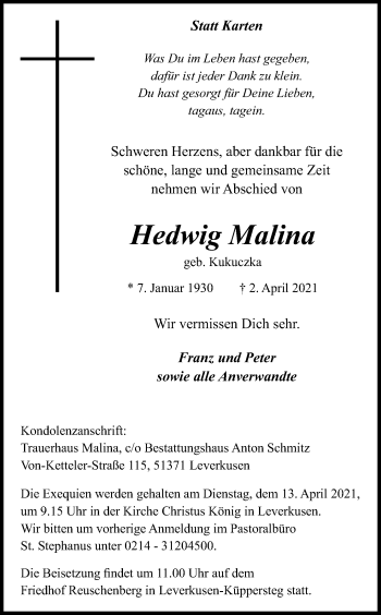 Anzeige von Hedwig Malina von Kölner Stadt-Anzeiger / Kölnische Rundschau / Express