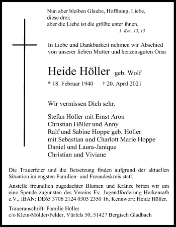 Anzeige von Heide Höller von Kölner Stadt-Anzeiger / Kölnische Rundschau / Express