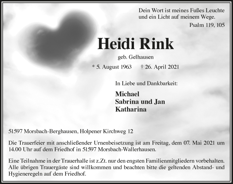  Traueranzeige für Heidi Rink vom 29.04.2021 aus  Lokalanzeiger 