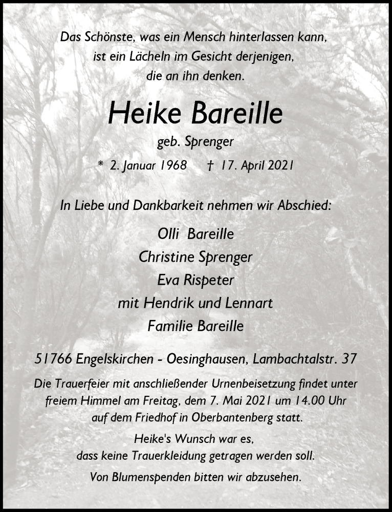  Traueranzeige für Heike Bareille vom 29.04.2021 aus  Anzeigen Echo 