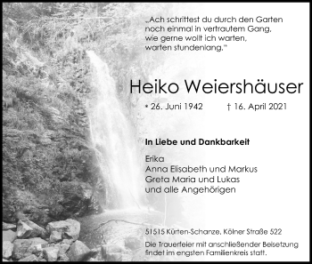 Anzeige von Heiko Weiershäuser von Kölner Stadt-Anzeiger / Kölnische Rundschau / Express