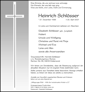 Anzeige von Heinrich Schlösser von  Blickpunkt Euskirchen 