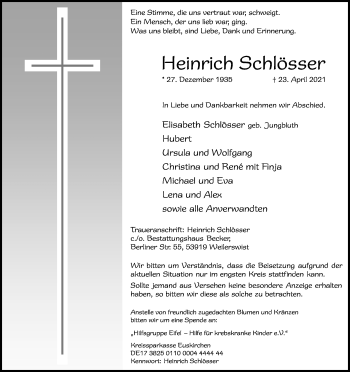 Anzeige von Heinrich Schlösser von Kölner Stadt-Anzeiger / Kölnische Rundschau / Express
