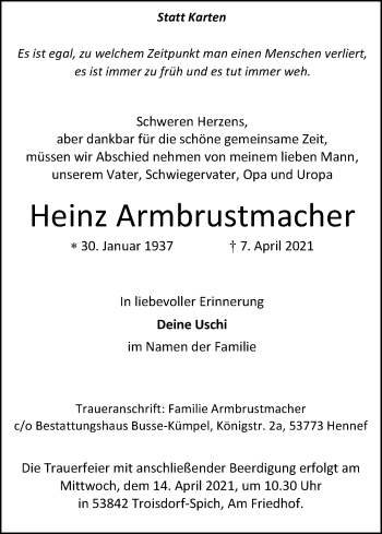 Anzeige von Heinz Armbrustmacher von Kölner Stadt-Anzeiger / Kölnische Rundschau / Express