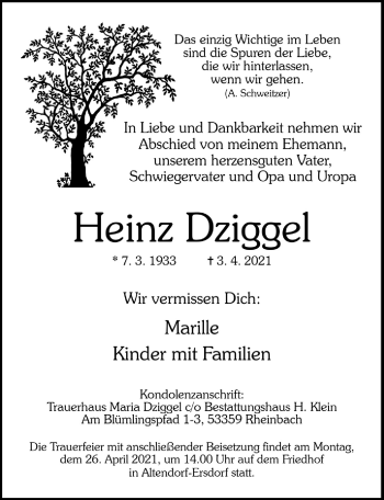 Anzeige von Heinz Dziggel von  Schaufenster/Blickpunkt 
