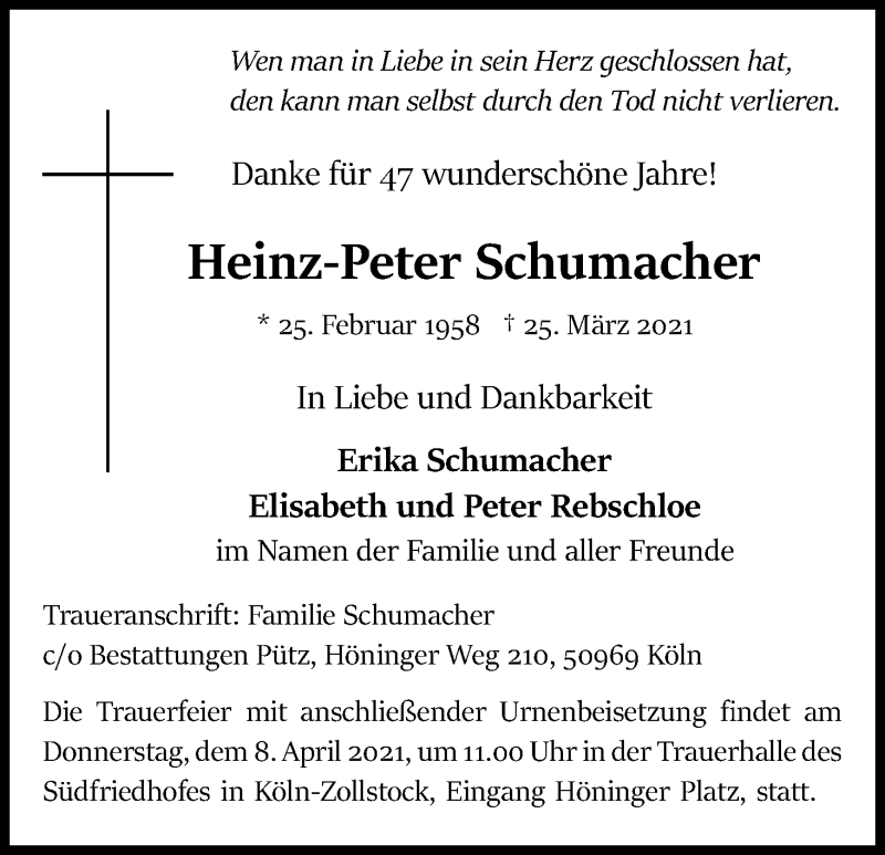  Traueranzeige für Heinz-Peter Schumacher vom 03.04.2021 aus Kölner Stadt-Anzeiger / Kölnische Rundschau / Express
