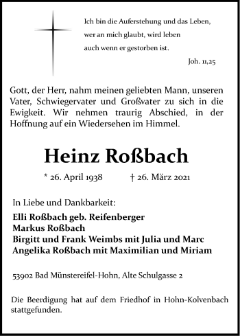 Anzeige von Heinz Roßbach von Kölner Stadt-Anzeiger / Kölnische Rundschau / Express