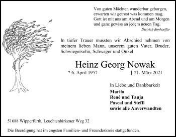 Anzeige von Heinz Georg Nowak von Kölner Stadt-Anzeiger / Kölnische Rundschau / Express