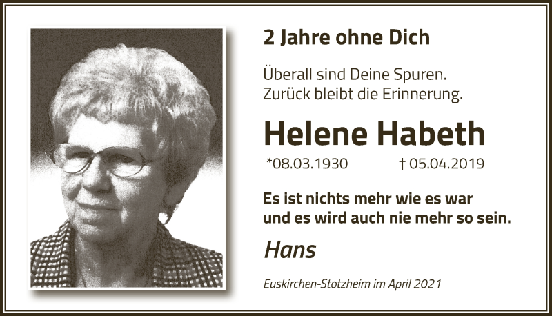  Traueranzeige für Helene Habeth vom 10.04.2021 aus  Blickpunkt Euskirchen 