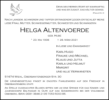 Anzeige von Helga Altenvoerder von Kölner Stadt-Anzeiger / Kölnische Rundschau / Express