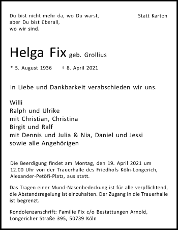 Anzeige von Helga Fix von Kölner Stadt-Anzeiger / Kölnische Rundschau / Express