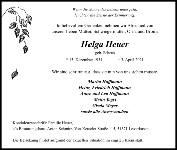 Anzeige von Helga Heuer von Kölner Stadt-Anzeiger / Kölnische Rundschau / Express