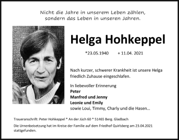 Anzeige von Helga Hohkeppel von  Bergisches Handelsblatt 