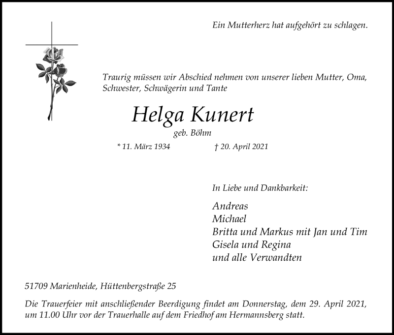  Traueranzeige für Helga Kunert vom 27.04.2021 aus Kölner Stadt-Anzeiger / Kölnische Rundschau / Express