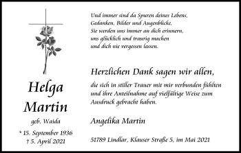Anzeige von Helga Martin von Kölner Stadt-Anzeiger / Kölnische Rundschau / Express