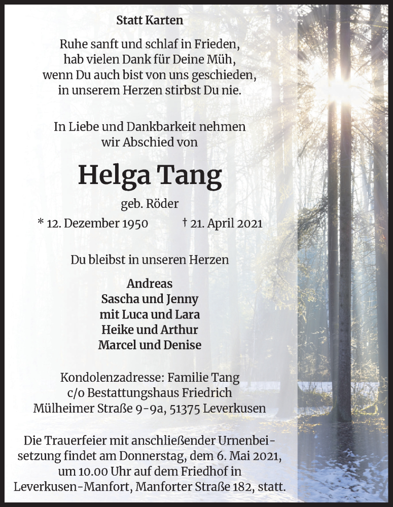  Traueranzeige für Helga Tang vom 01.05.2021 aus Kölner Stadt-Anzeiger / Kölnische Rundschau / Express